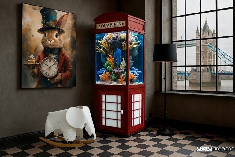 Аквариум в стиле лондонской телефонной будки с яркой рифовой композицией