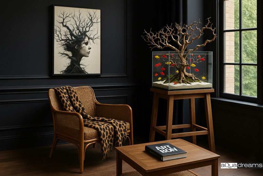 Декоративный ретро аквариум с корягой в форме дерева и яркими рыбами в стильном ретро-интерьере.